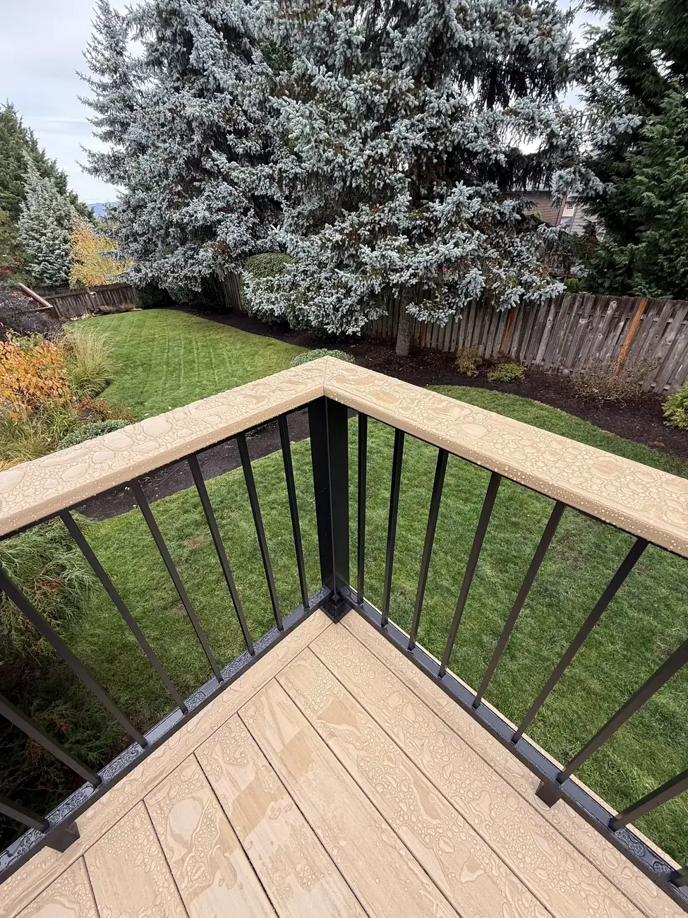Corner of a black aluminum railing with a wide top rail, rain beaded across it