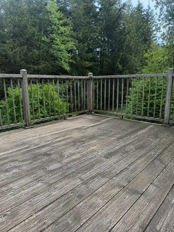 Deck before the work, its boards and railing greyed and weathered, backing onto firs