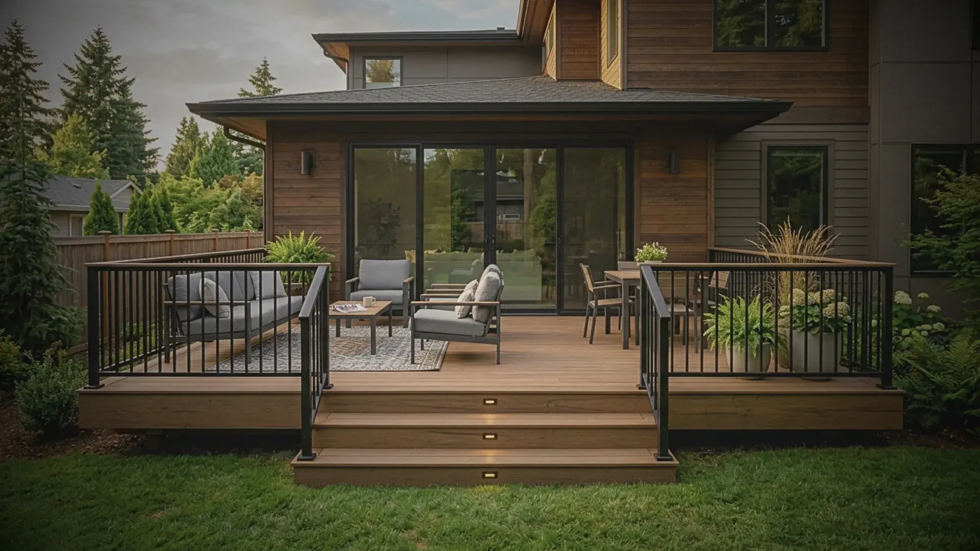 Deck with black metal railing, built-in stair lighting and outdoor seating behind a home