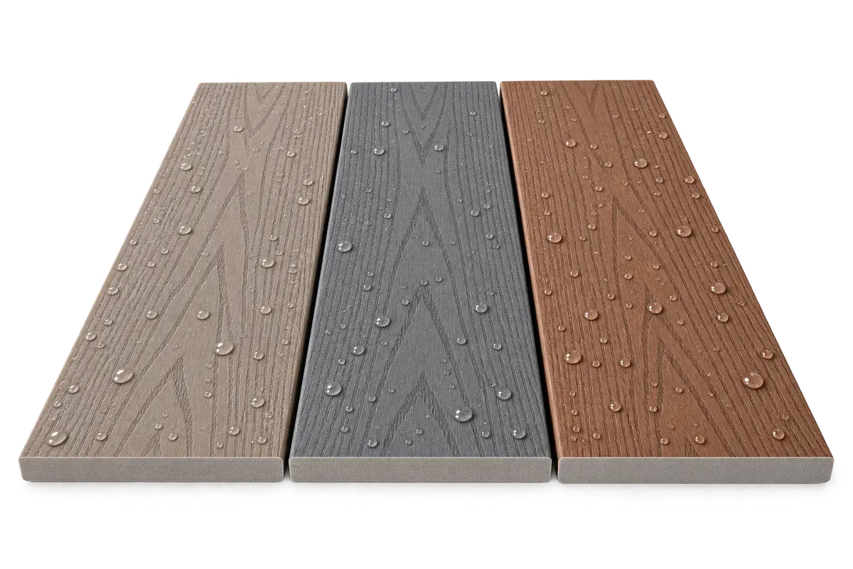 Three PVC deck boards in taupe, grey and brown, water beading on the surface of each